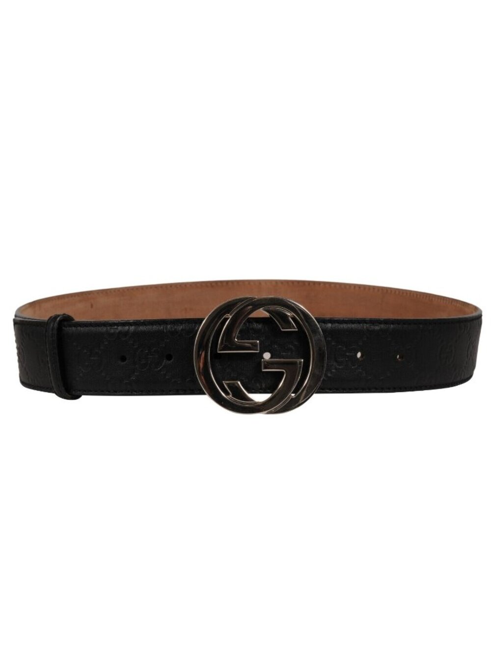 Gucci Interlocking GG Supreme Silver Buckle Belt 90 36 Embossed Black Leather